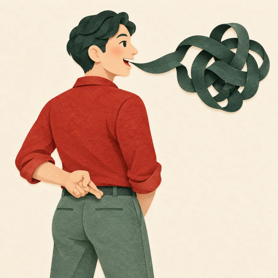 A person crosses fingers behind their back, a ribbon twisting from the mouth