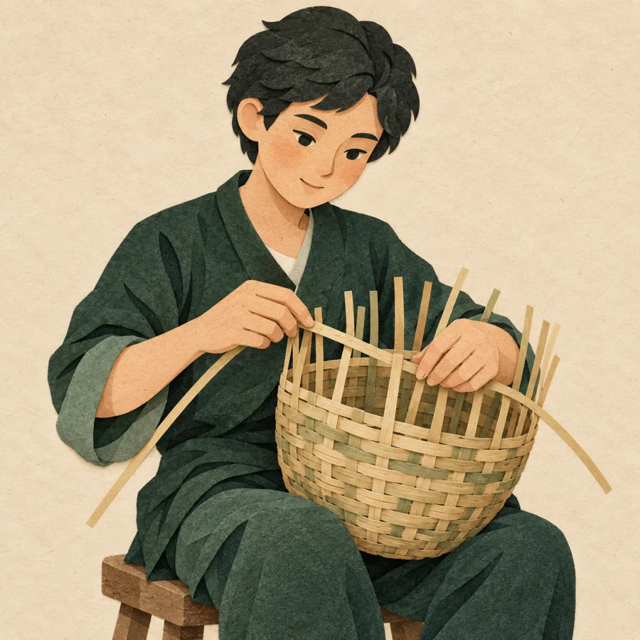 A person weaves a basket from bamboo strips