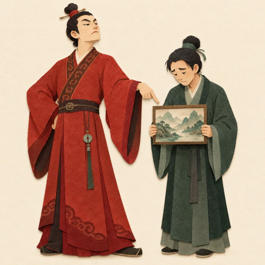 A person points down at a painting held by a sad person