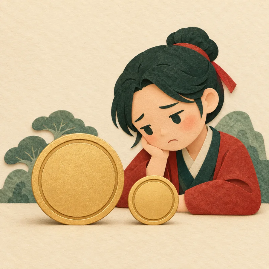 A person looks sadly at a shrunken coin