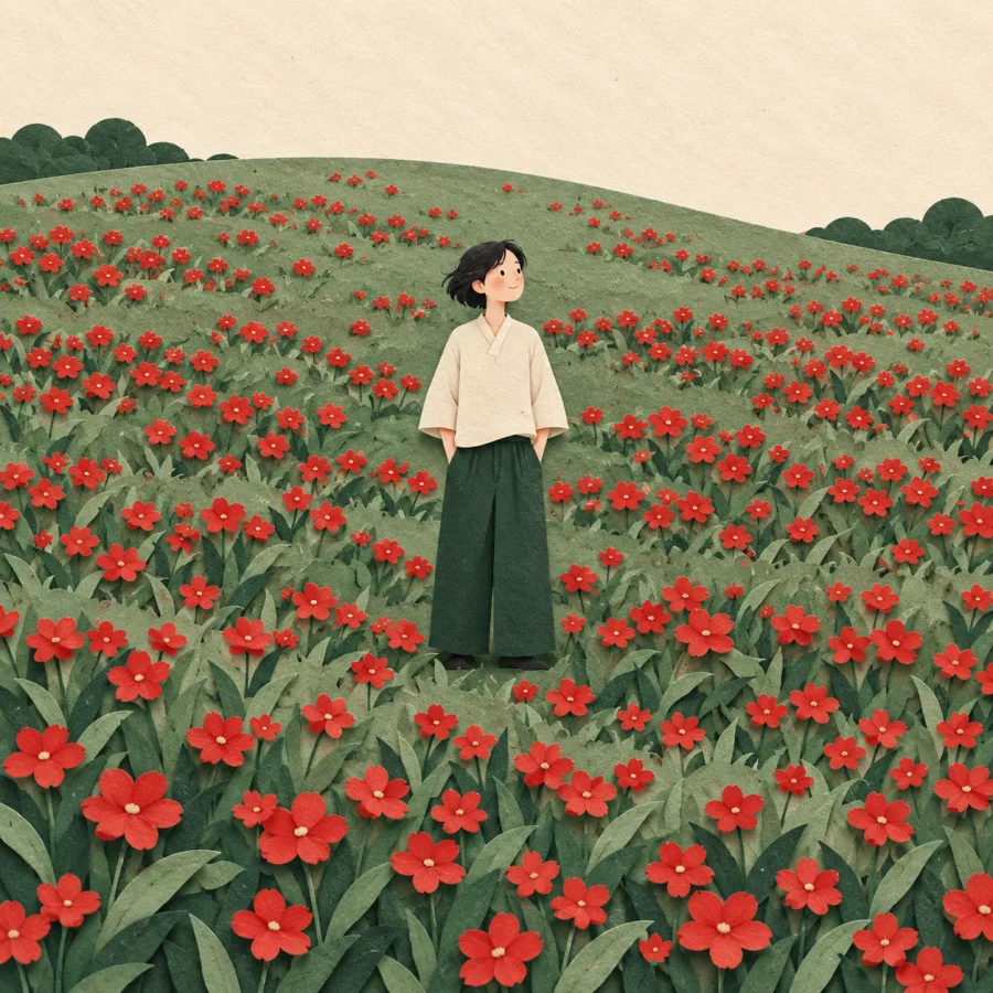 A person stands on a hillside covered in flowers