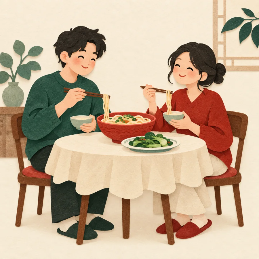 Two people at a home table with noodles and greens
