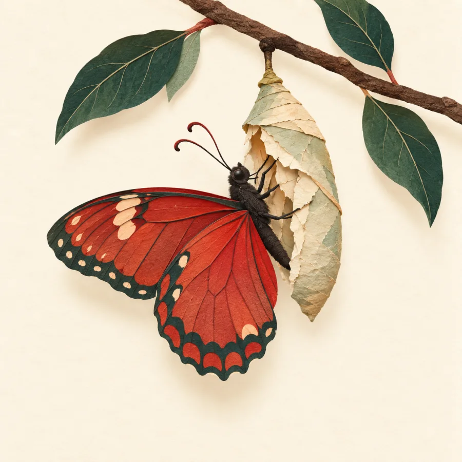 A butterfly emerges from a cracked cocoon on a branch