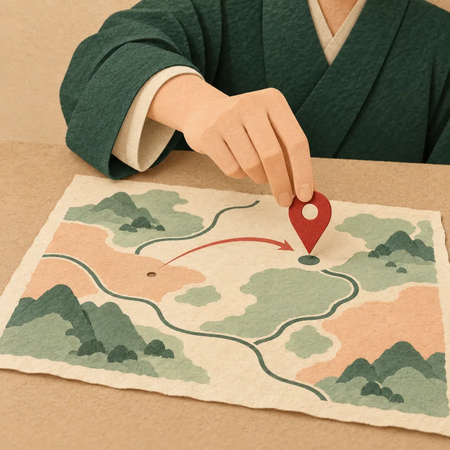 A person moves a red pin from one spot to another on a map
