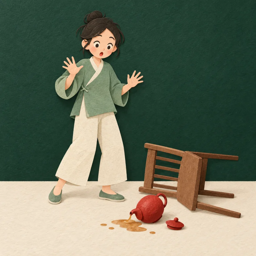 A person stands shocked beside a toppled chair and fallen teapot