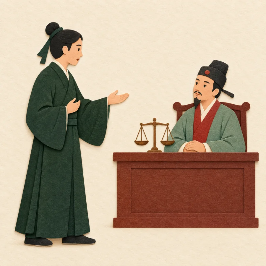 A person speaks to a judge beside a small pair of scales