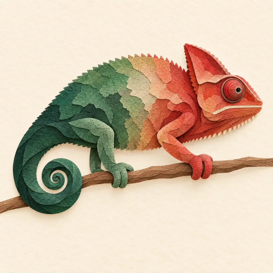 A chameleon on a branch shifts from green to red