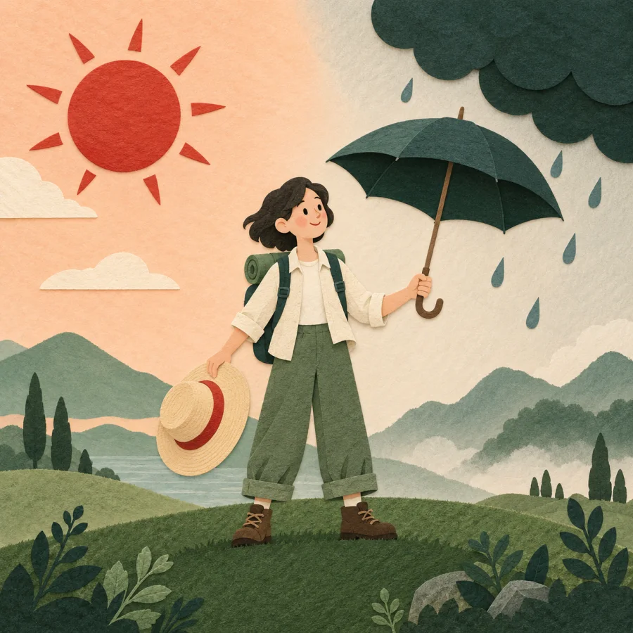 A hill with sun on one side and a rain cloud on the other