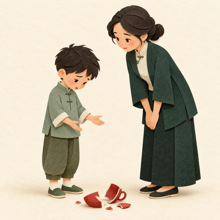 A child with lowered head beside a broken cup