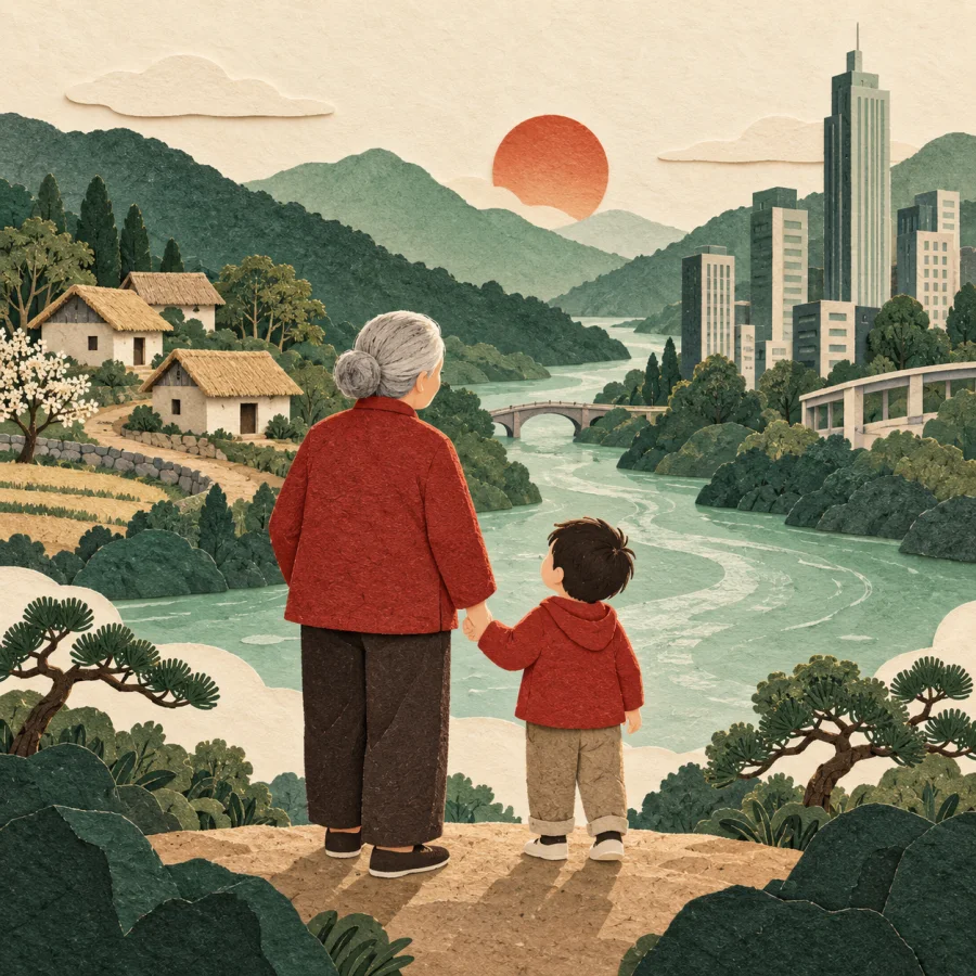 A grandparent and child look at old huts and new buildings