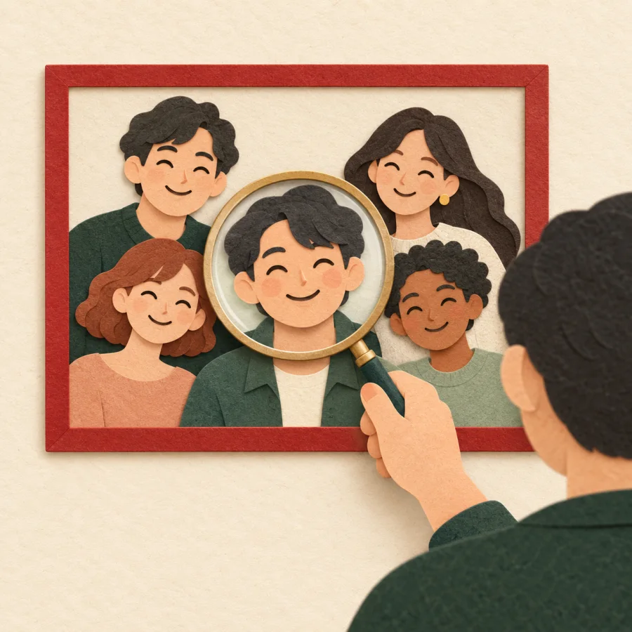 A person studies one face in a group photo with a magnifying glass
