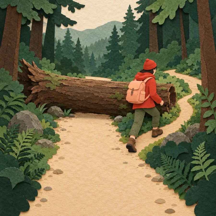 A traveller goes around a fallen log on a side trail