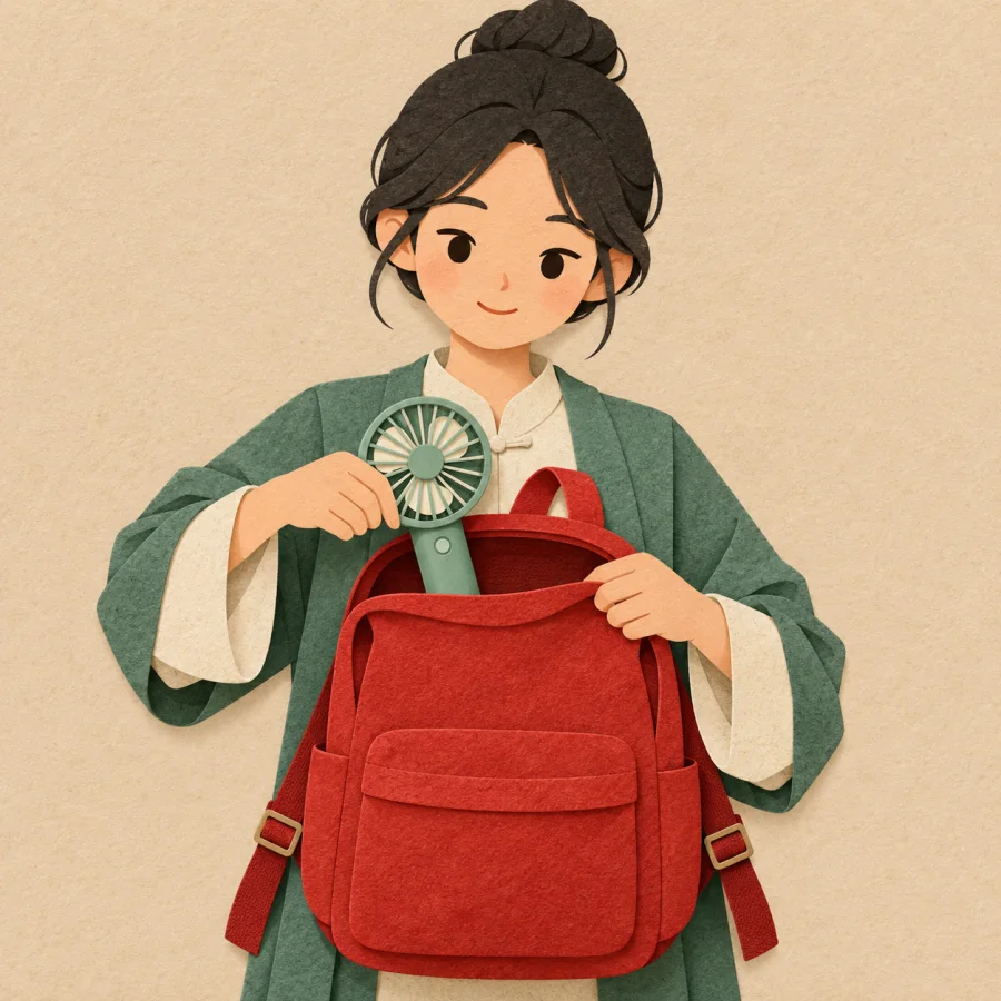 A person slips a small fan into a red backpack