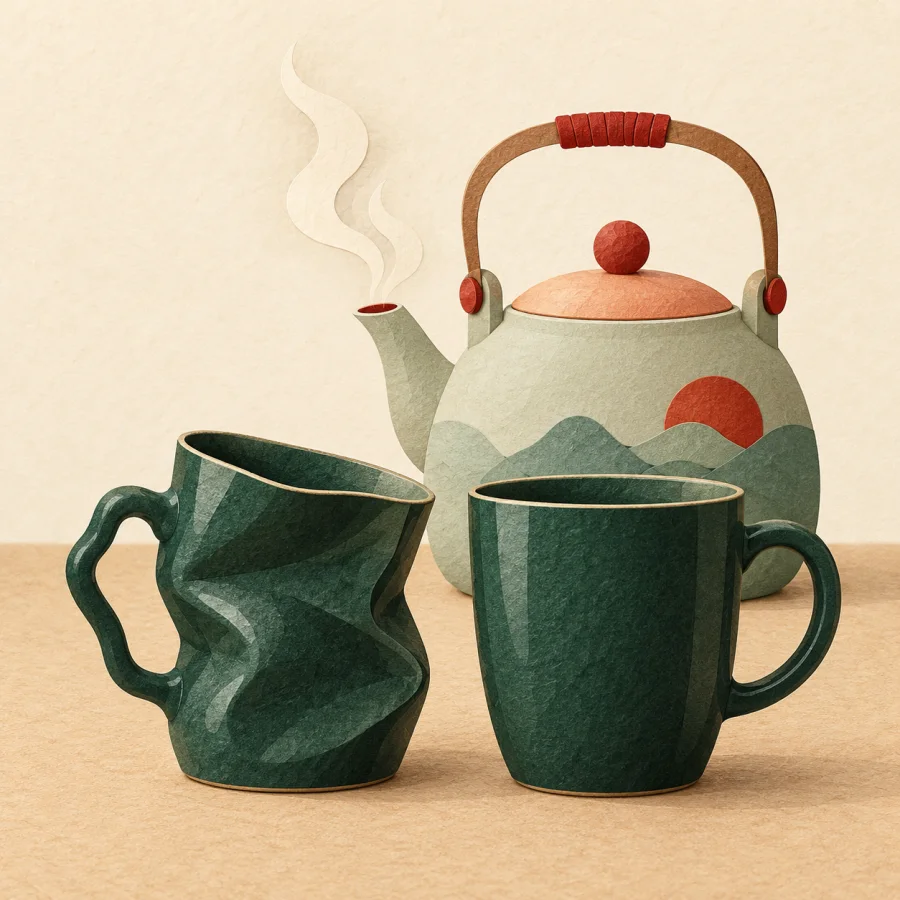 A warped green cup beside a steaming kettle