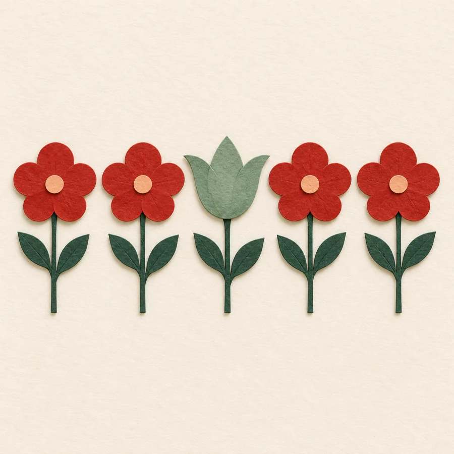 A row of identical red flowers with one odd green one