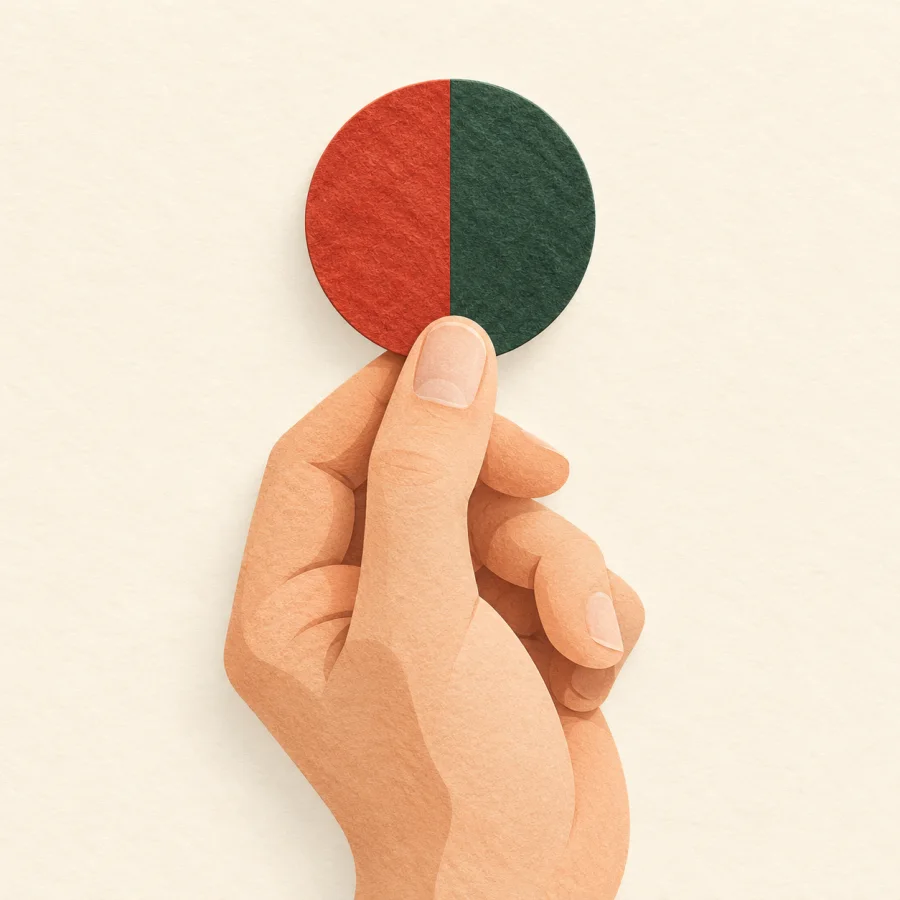 A hand holds a coin that is half red and half green