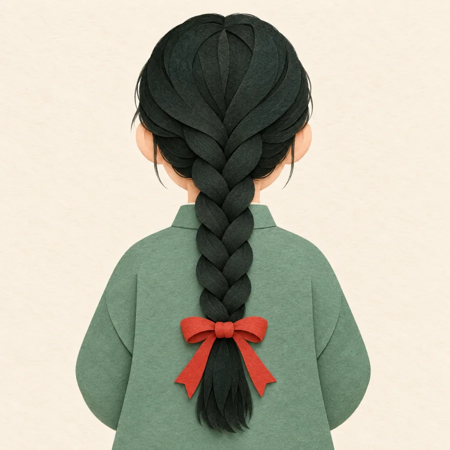 A child seen from behind with a long braid and red ribbon