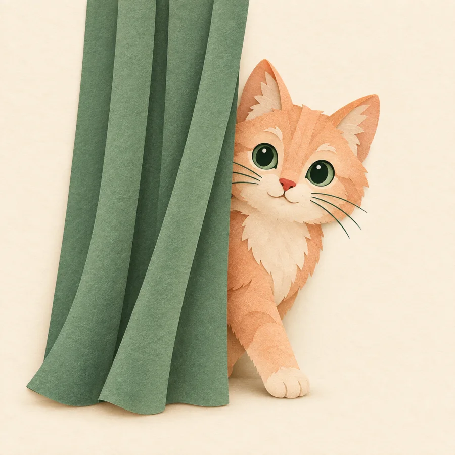 Seekor kucing yang keluar dari balik tirai