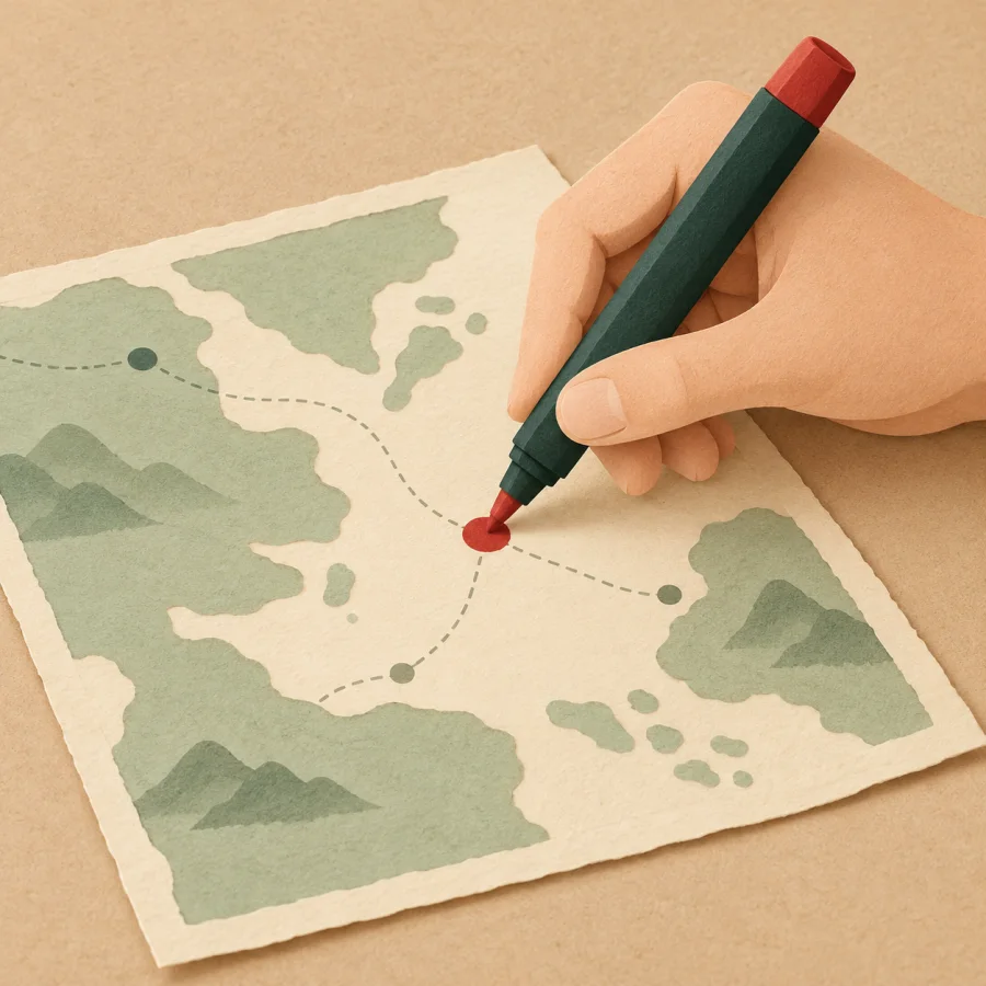 A hand marks a red dot on a map with a marker