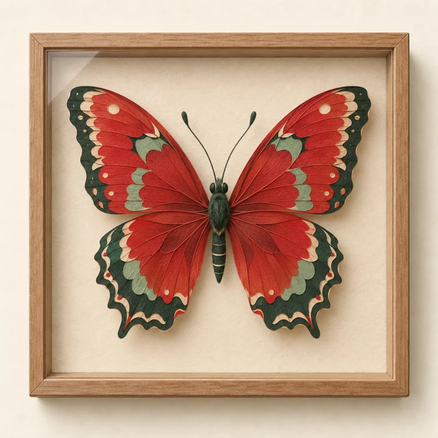 A red butterfly with open wings in a flat display case