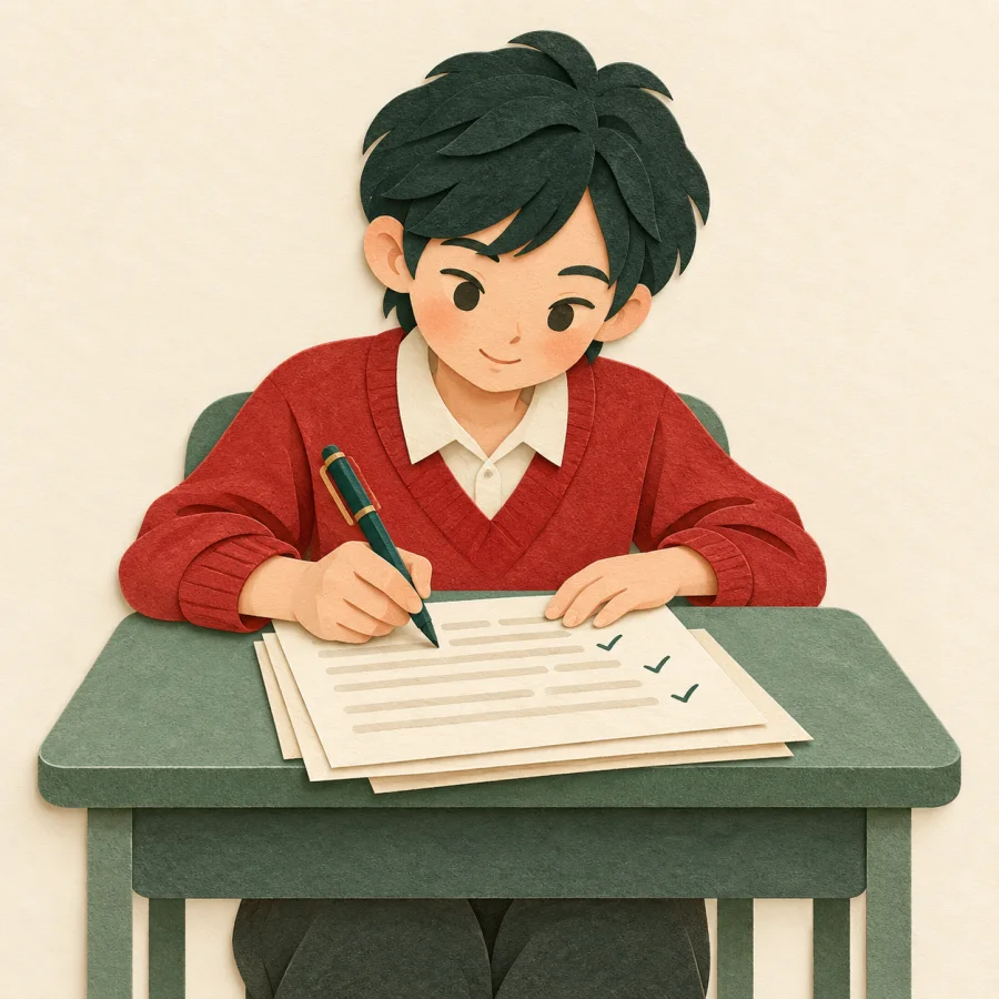 A student corrects an essay with a green pen at a desk