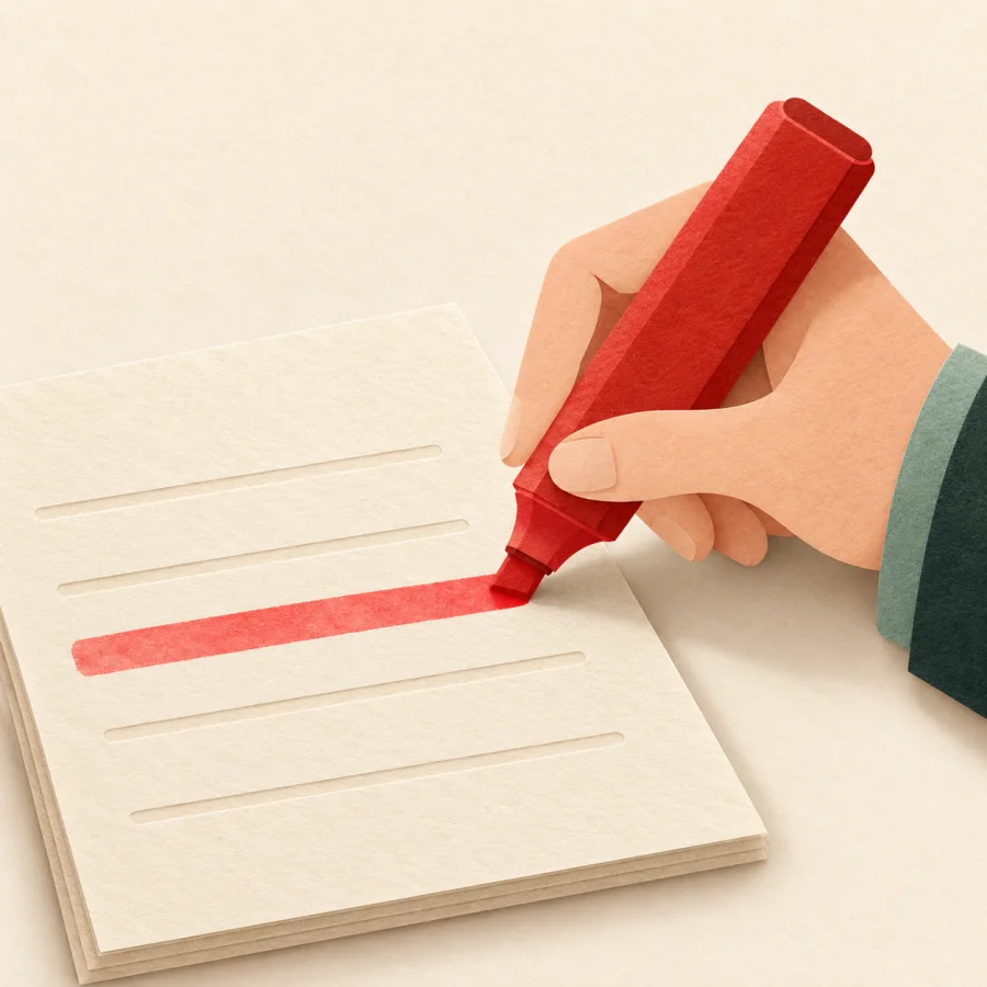 A highlighter marks a line on a sheet of paper