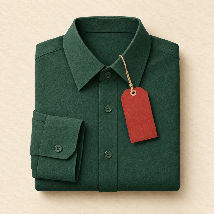 A green shirt with a small red tag on the collar