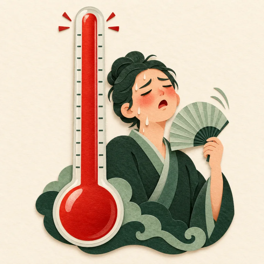 A thermometer with the red column at the top, a person fanning