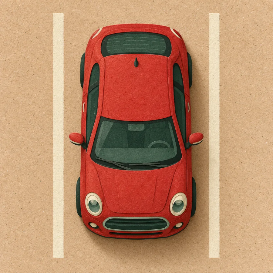 A red car parked neatly between painted lines