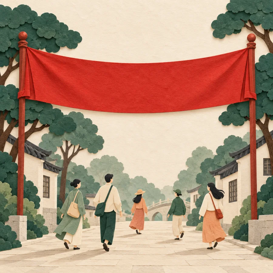 A red banner stretched over a street between two poles