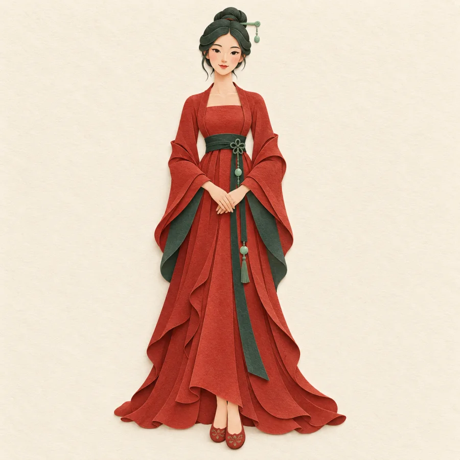 A graceful person in a red dress standing straight