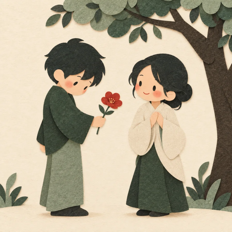 A shy person holds out a red flower to another