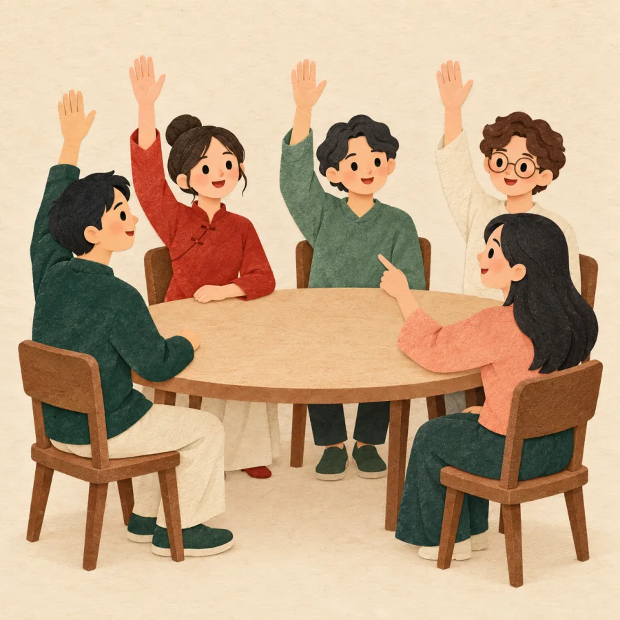 A group at a table, most raising a hand