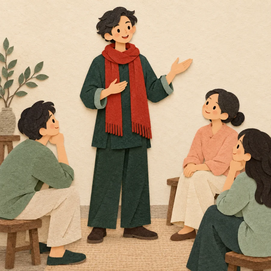 A person explains something to a seated group who nod