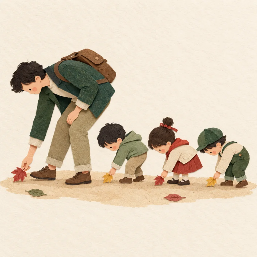 An adult picks up a leaf while children copy the motion
