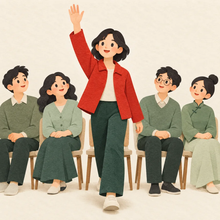 A person steps forward from a seated group with a raised hand