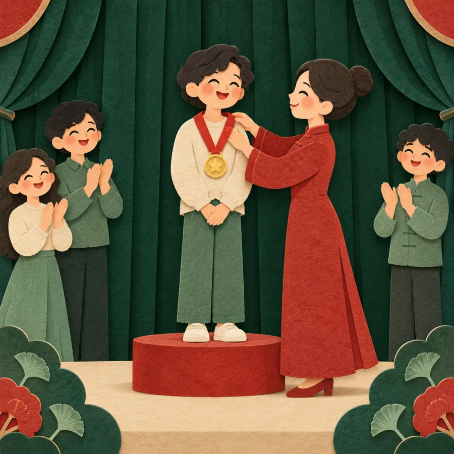 A person receives a red ribbon on a podium as people clap