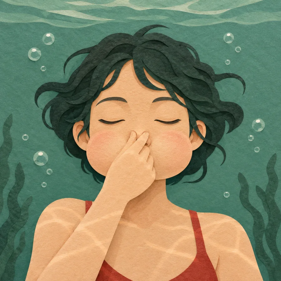 A person with puffed cheeks holds their breath underwater