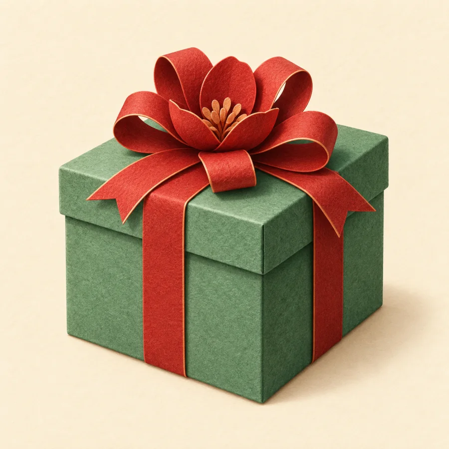 A gift box with a ribbon shaped like a flower