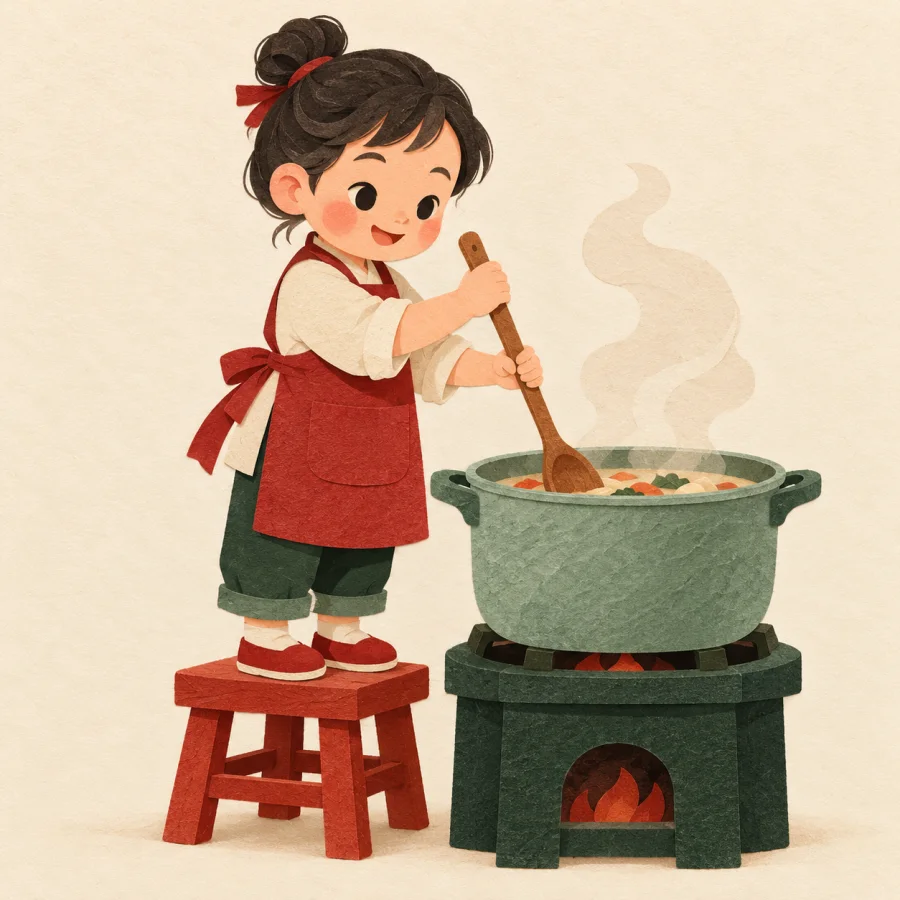 A small child in a red apron stirs a big pot