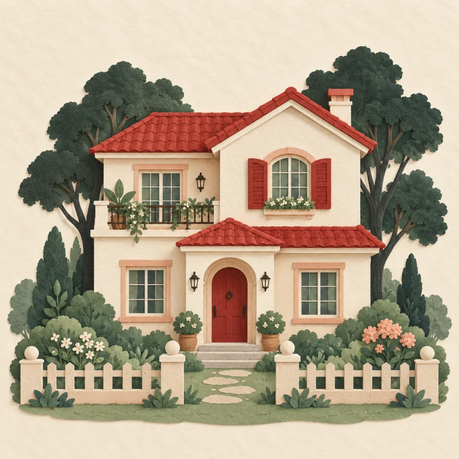 A two-storey villa with a red roof and a garden