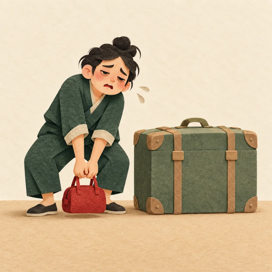A tired person can't lift a tiny bag beside a huge trunk