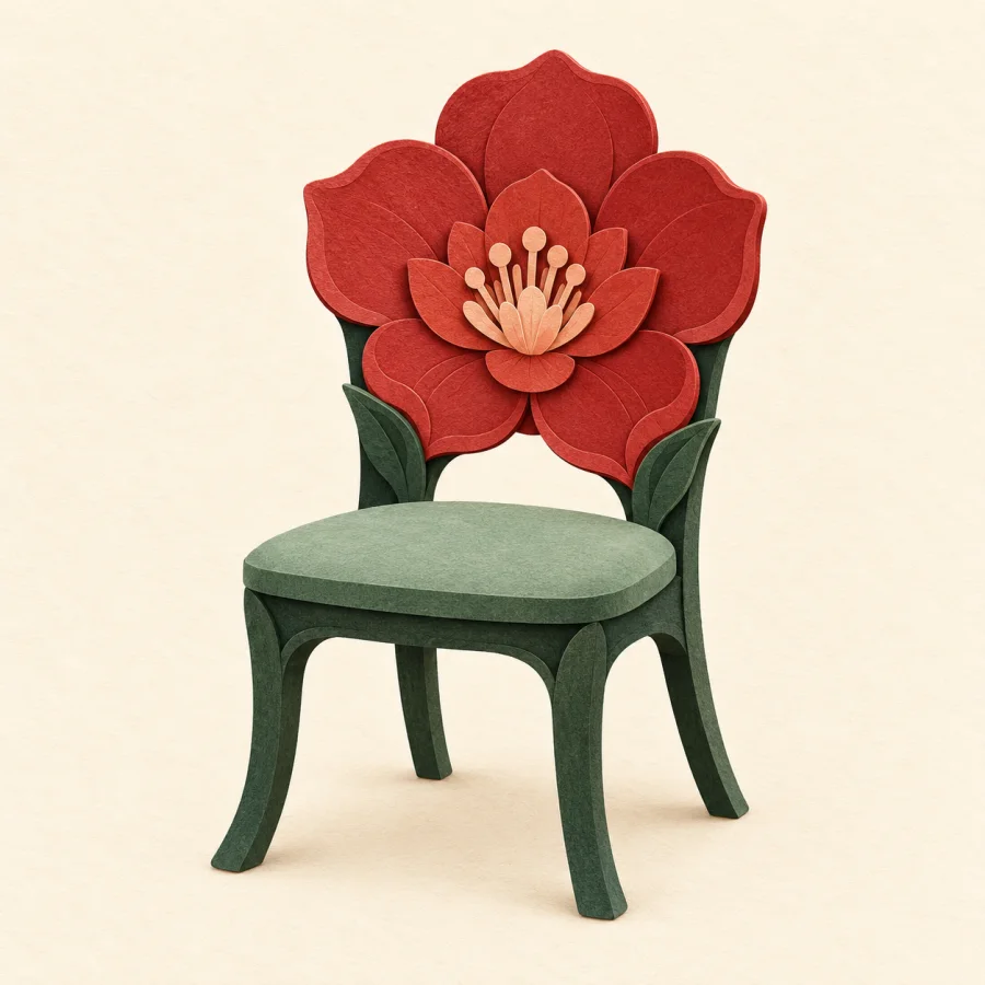 A chair with a flower-shaped back and red petals