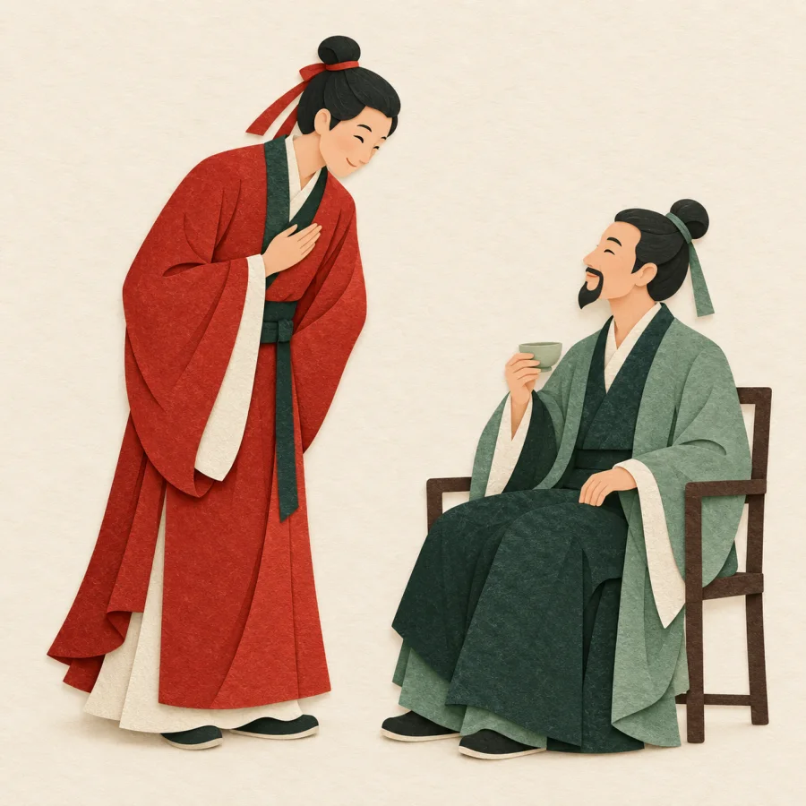 A person in a red robe bows slightly to a guest with a cup