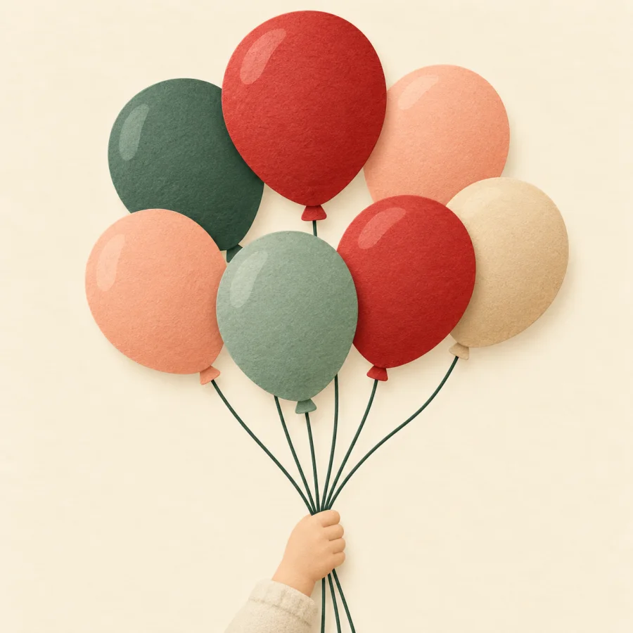 A bunch of colourful balloons rising from a child's hand