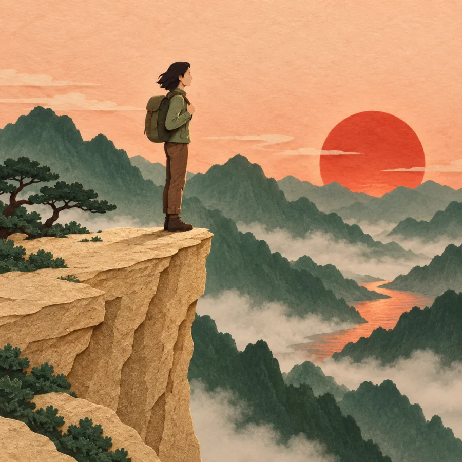 A traveller stands at the very edge of a cliff