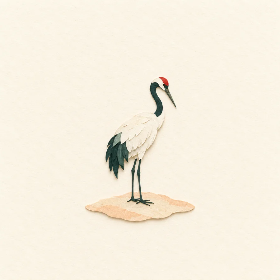 A lone crane on a small sandy island