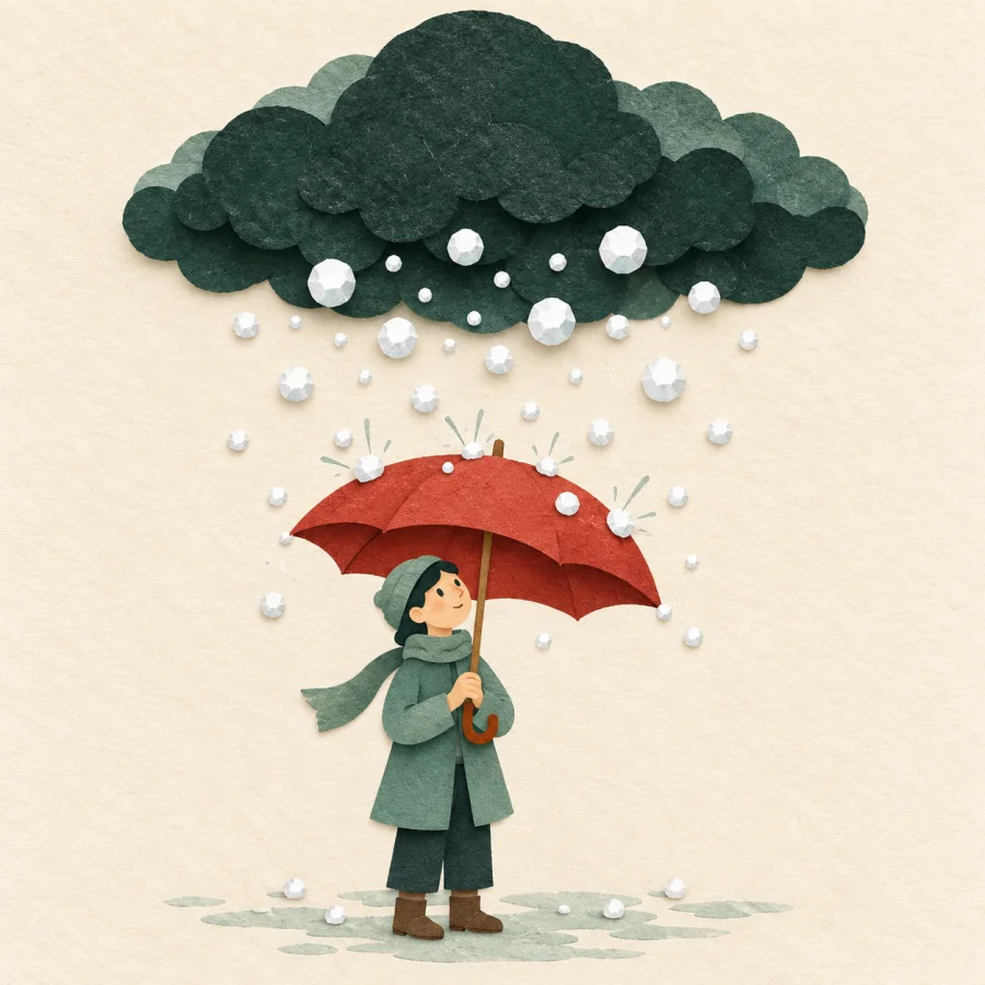 White hailstones fall onto a red umbrella