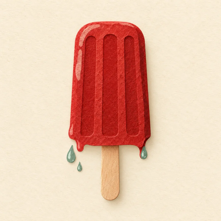 A red ice lolly on a stick, melting