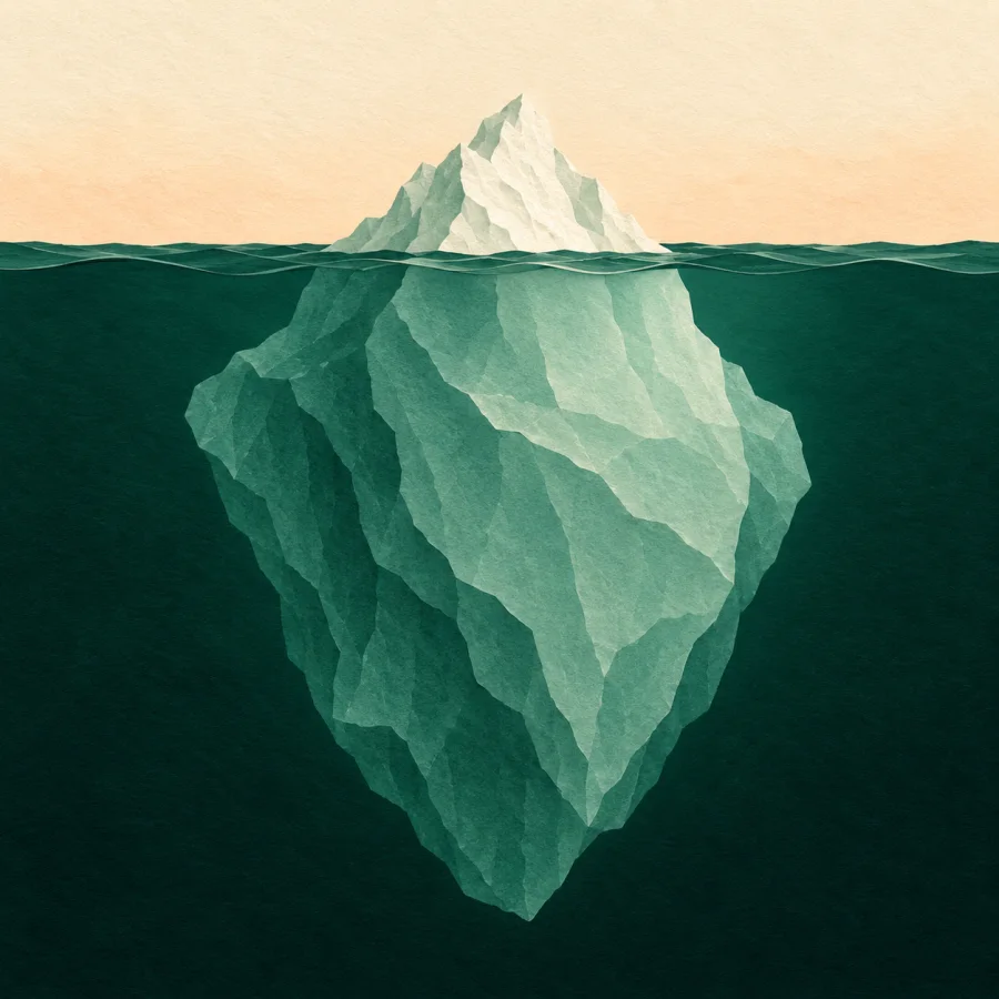 A small ice peak above water, a huge mass below